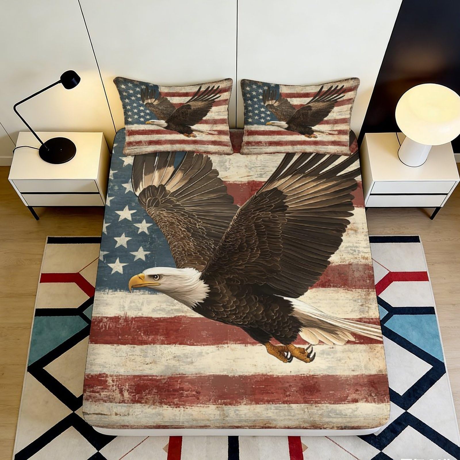 3D Printed American Flag Eagle Fitted Sheet Microfiber Soft Anti-Slip Bed Cover for Bedroom Guest Room Decor 90x200x25cm