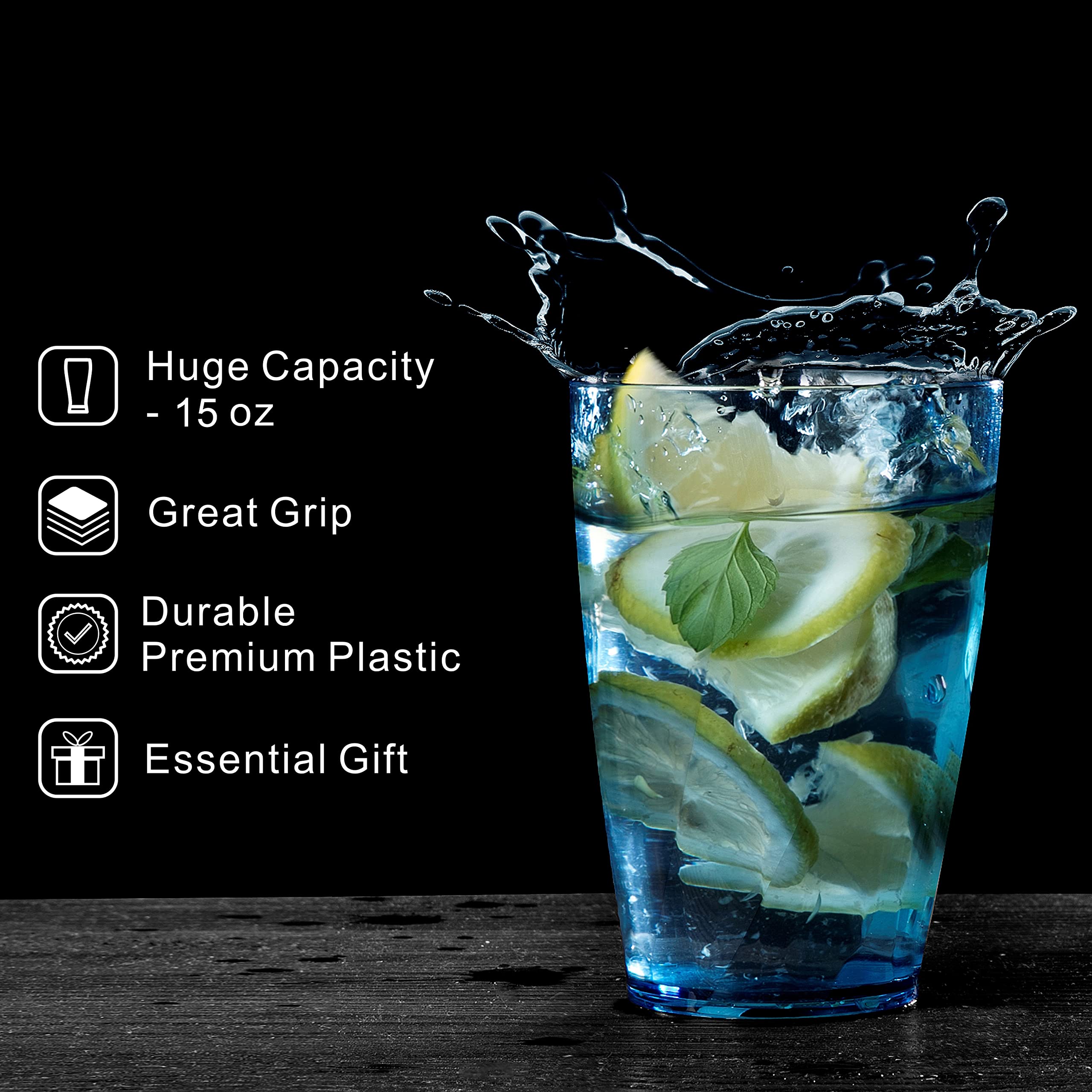 Set di 10 bicchieri di plastica infrangibili per bicchieri da acqua grande, 16 oz Highball (blu, grigio)