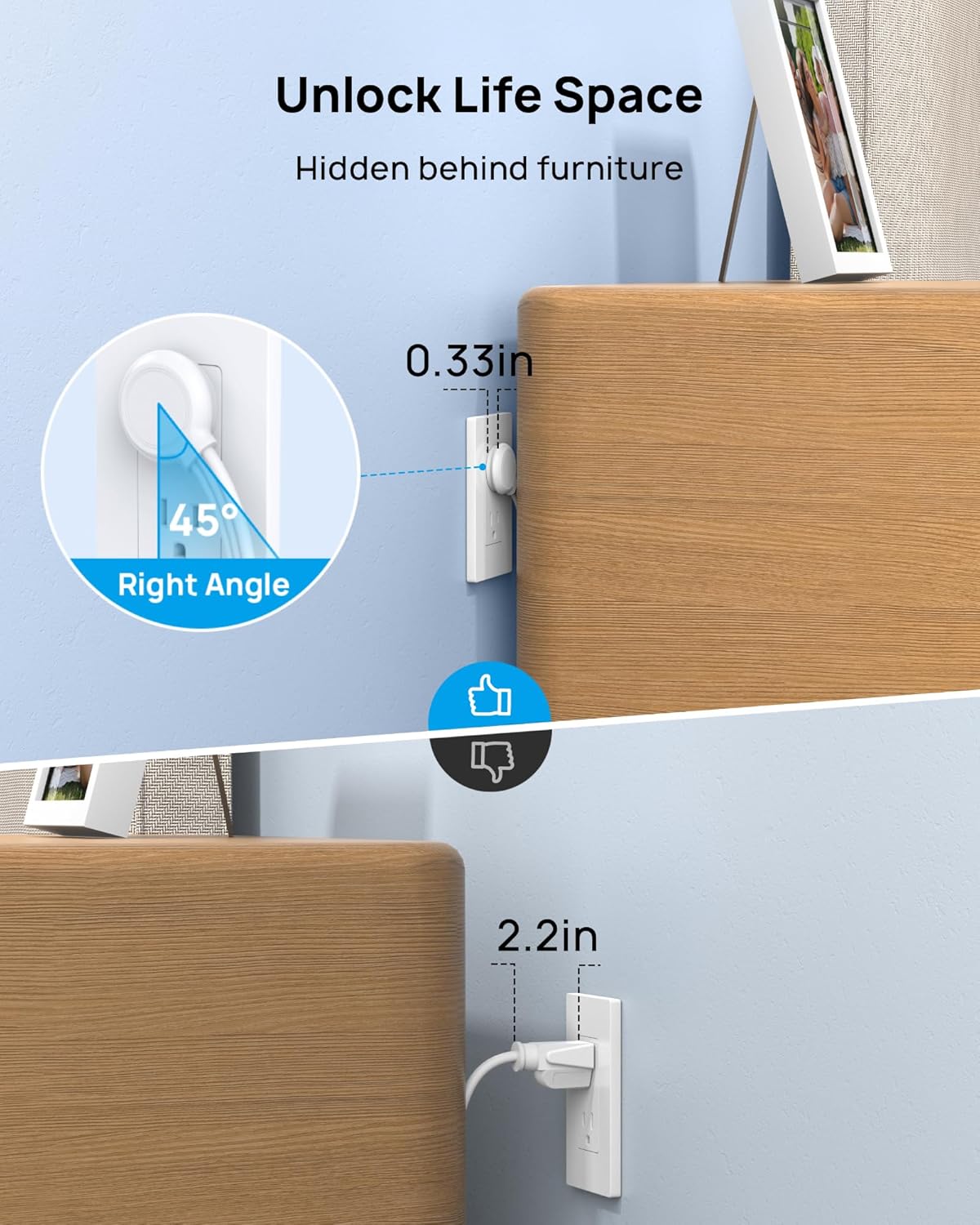 TROND power strip with ultra-thin 45-degree flat plug fitting behind furniture