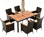 DORTALA 7-Piece Patio Dining Set, Acacia Wood & Rattan Table and 6 Stackable Chairs with Cushions, Umbrella Hole, Outdoor Wicker Furniture Set for Balcony Garden Poolside