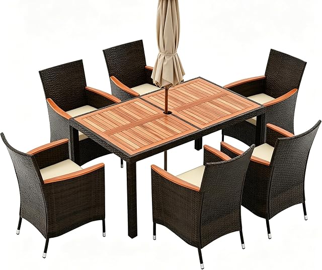 DORTALA 7-Piece Patio Dining Set, Acacia Wood & Rattan Table and 6 Stackable Chairs with Cushions, Umbrella Hole, Outdoor Wicker Furniture Set for Balcony Garden Poolside