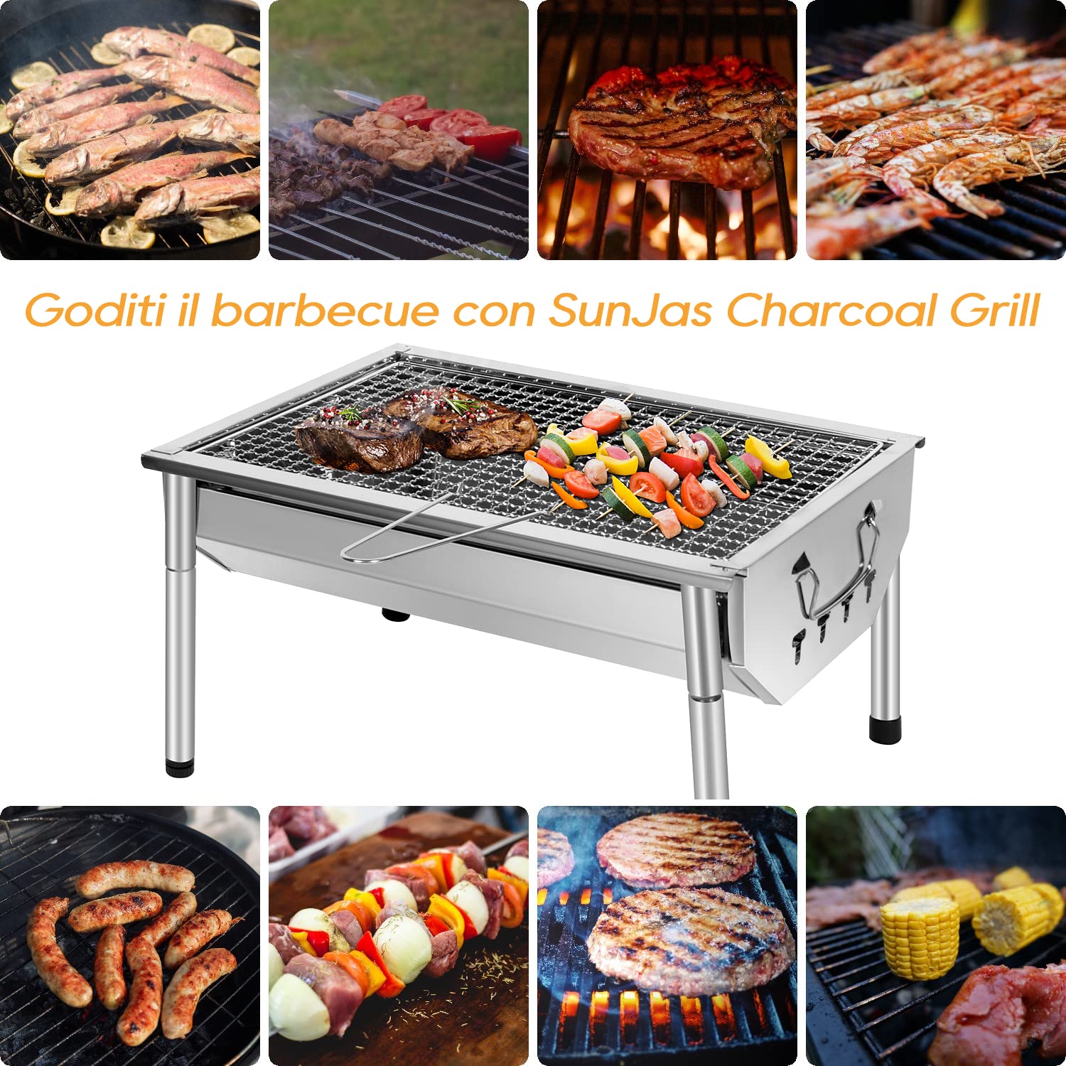 Barbecue a carbonella da esterno, in acciaio inox, regolabile e smontabile, portatile, con gambe di supporto, per giardino, pic-nic, campeggio