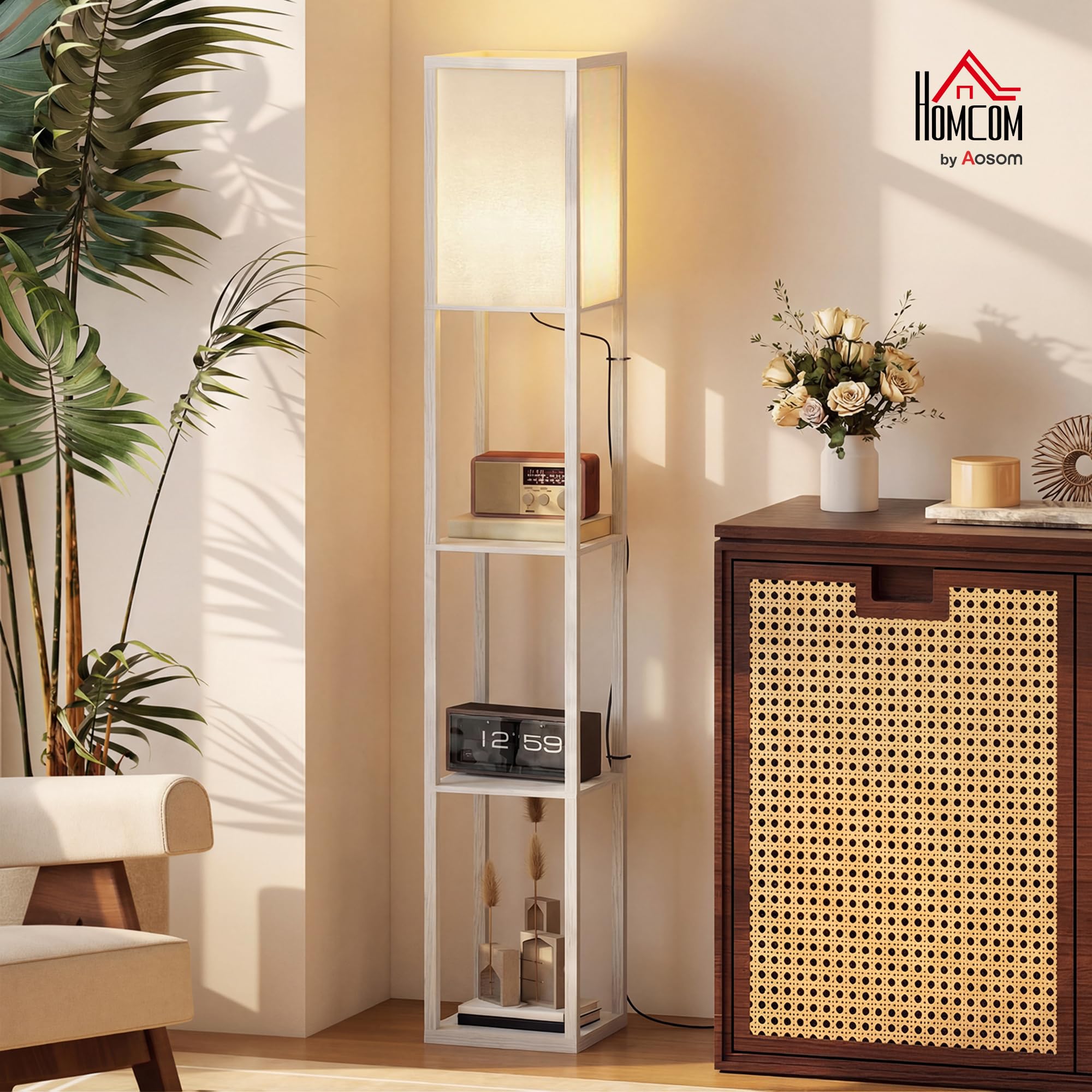 HOMCOM Lámpara de Pie con Estantes de Almacenaje, Lámpara de Madera Moderna, Bombilla E27, para Salón, Dormitorio, Oficina, Blanco