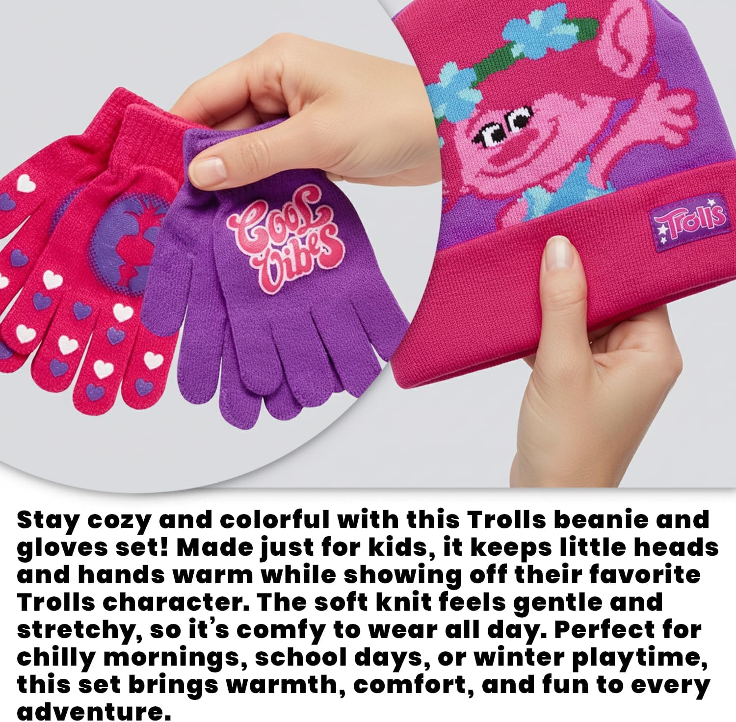 Dreamworks Girls Trolls Poppy Winter Hat and 2 Pairs Gloves Set (Age 4-7)