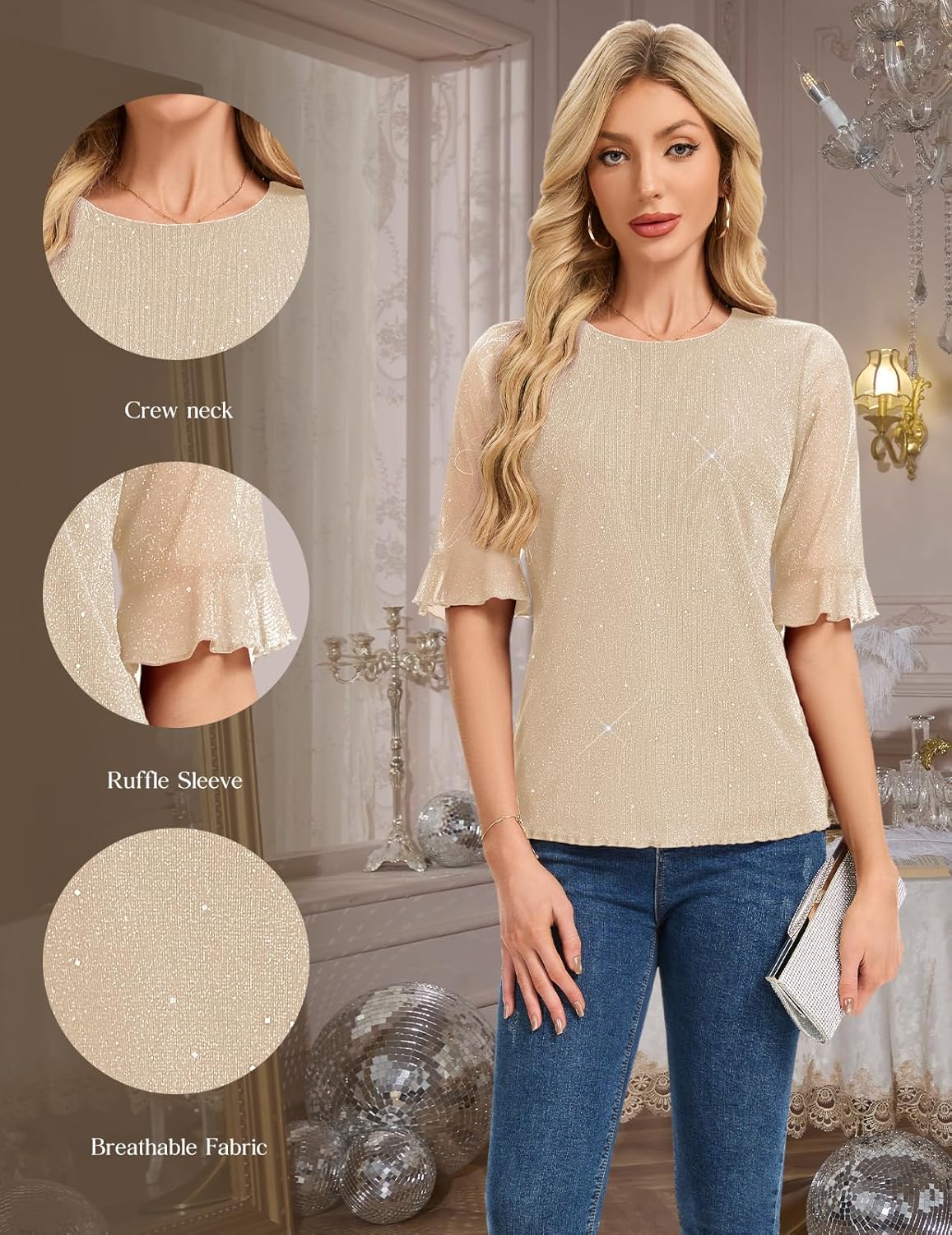 HomRain Womens Ruffle 3/4 Sleeve Sparkle Top Blouses Casual Shirts Crew Neck Glitter Night Out Tops for Elegant Evening - Image 4