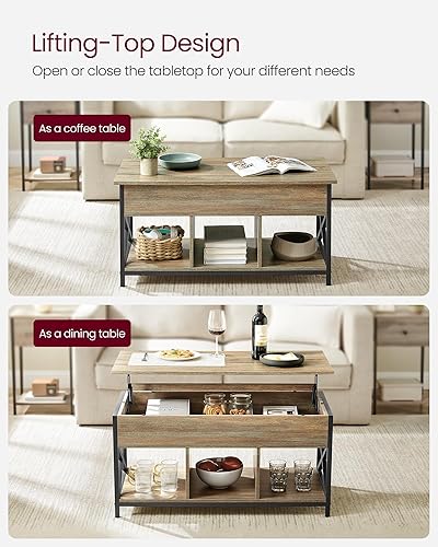 Miniatura 4 de VASAGLE Mesa de Centro con Tapa Elevable, Mesa de Café Elevable con Estante de Almacenamiento, Compartimentos Ocultos y Tapa Elevable, para Sala de