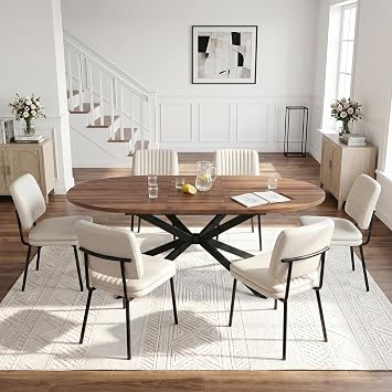 Oval Wooden Extendable Dining Table 6-8 People with Black Metal Leg, Walnut