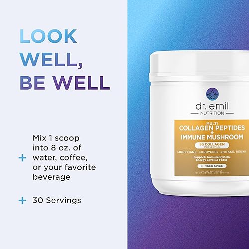 Miniatura 6 de DR. EMIL NUTRITION Polvo de péptidos de colágeno más mezcla de hongos inmunológicos, polvo de colágeno para mujeres con melena de león y polvo de