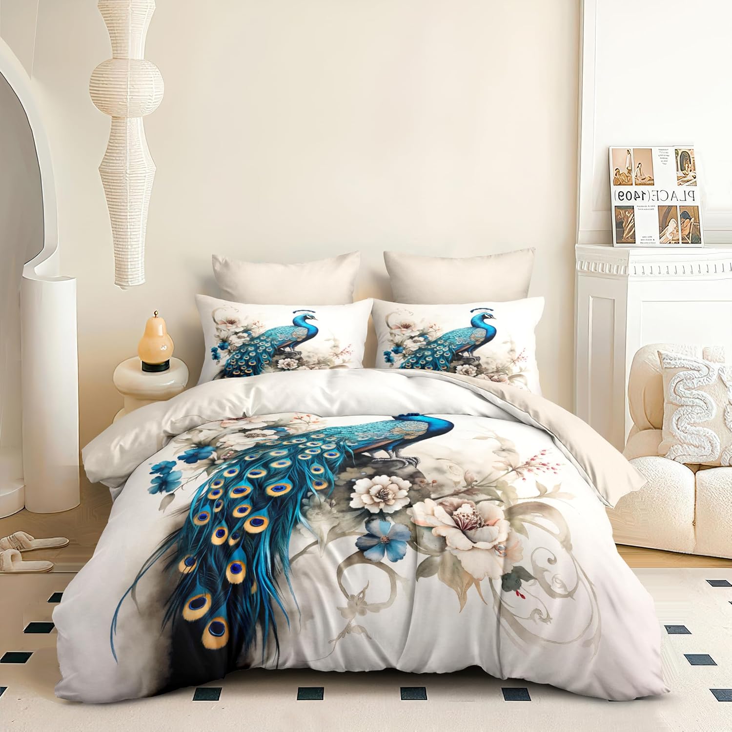 Peacock Comforter Set Queen Size Victorian Bird Floral Bedding Set for Women Girls Teal Peacock Feather Decor Quilt Set - 3Pcs Soft Fluffy Microfiber with 2 Pillowcases(90 * 90)