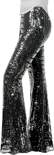 Nawgut Sequin Flare Pants Sparkly Glitter High Waisted Bell Bottom Trousers Disco Party Clubwear for Women
