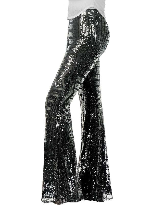 Nawgut Sequin Flare Pants Sparkly Glitter High Waisted Bell Bottom Trousers Disco Party Clubwear for Women-Large Black by Nawgut - Used condition - US$35.13
