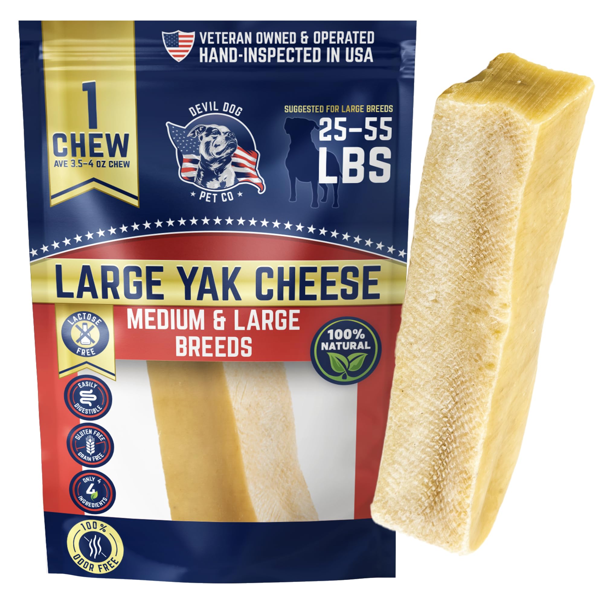 Devil Dog Pet Co - Yak Cheese Dog Chew Large for Aggressive Chewers - Odor-Free Long Lasting Himalayan Treat, Medium & Large Breeds 25-55 lbs, 4-