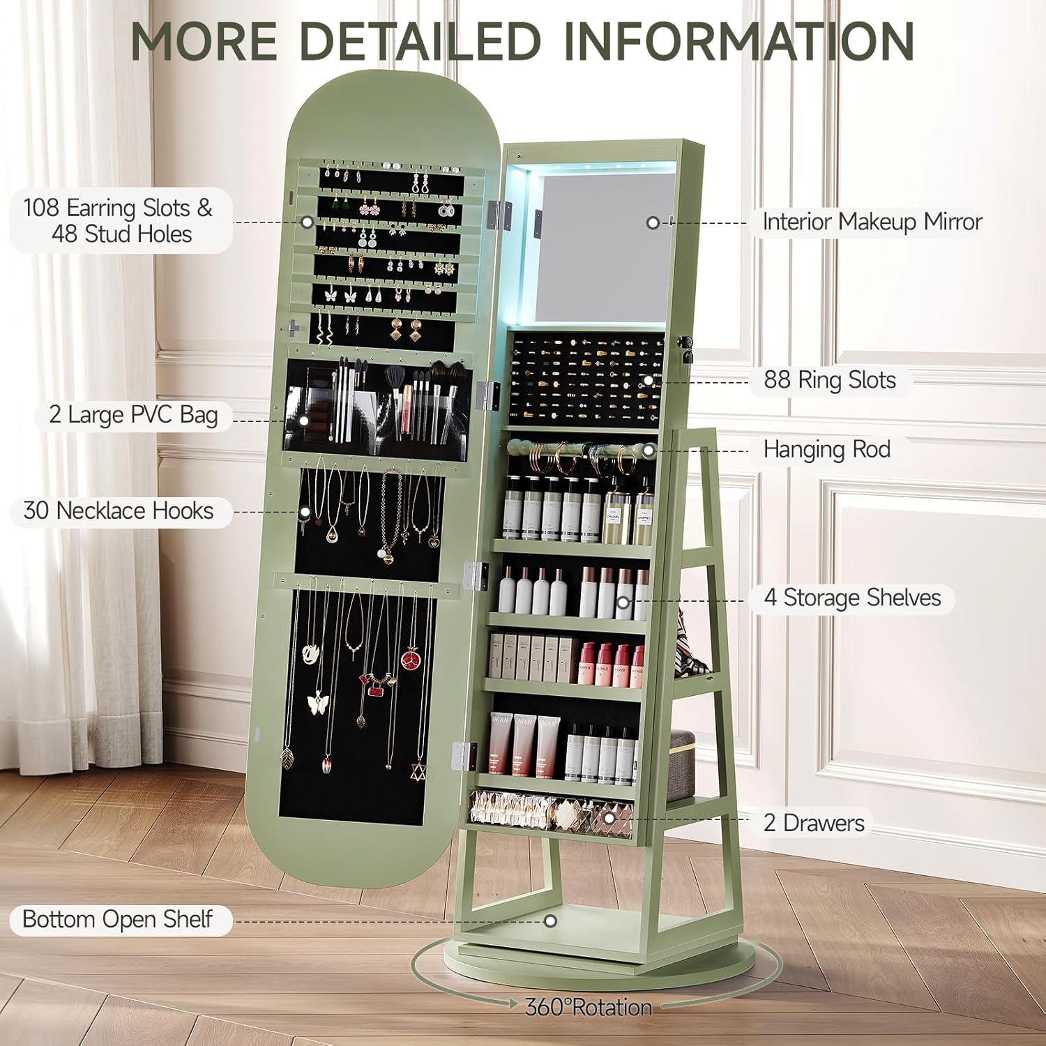 360° Swivel Jewelry Mirror Cabinet with Lights, Inside Makeup Mirror, Standing Jewelry Armoire Organizer, Rotatable Full-Length Mirror with Jewelry Storage, Lockable with Back Storage Shelves (Green) - Image 6