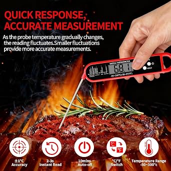 Meat Thermometer Digital for Grilling and Cooking, Instant Read Food Thermometer with Foldable Probe, Perfect for Kitchen, Outside Grill, Candy Making, Essentials BBQ Accessories (Red)