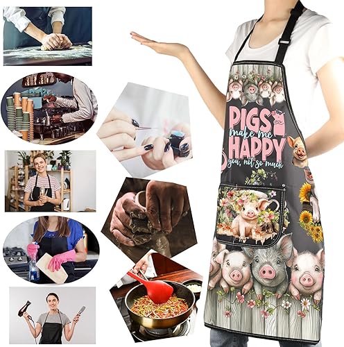 Miniatura 6 de MBMSO Divertidos regalos de cerdo, delantal de barbacoa para amantes de los cerdos, regalos de cerdos Make Me Happy Pig Delantal con bolsillos BBQ