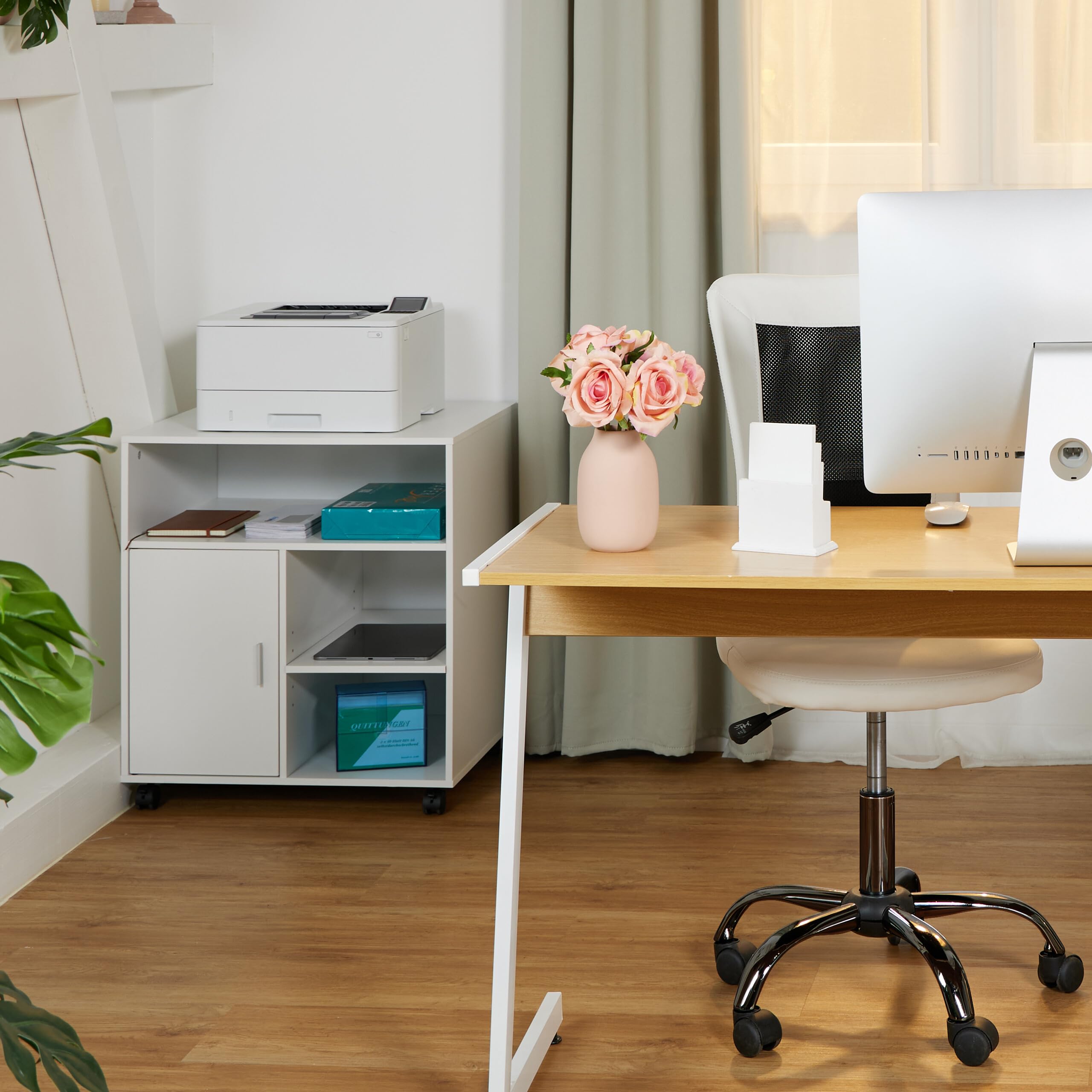 Relaxdays Carrello Porta Stampante, con 5 Scomparti e Anta, Mobiletto con Ruote per Ufficio, HxL: 66,5x60 cm, Bianco