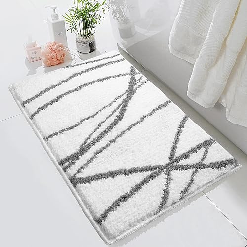 Tititex Alfombra de baño de lujo con línea blanca y gris, 20 x 32 pulgadas, clásica, extra suave y absorbente, tapete de baño de microfibra