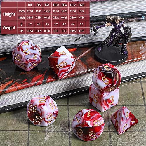Vista 17 de CiaraQ DND - Juego de dados poliédricos con una bolsa de dados negra para juegos de mesa de rol D&D RPG MTG Rojo mezclado con naranja + purpurina
