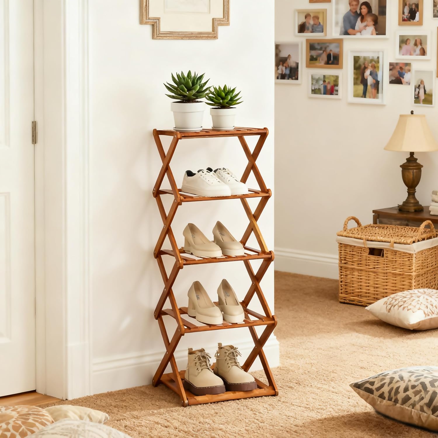 Vertical Shoe Rack 5-Tier Bamboo Shoes Shelf Foldable Without Installation Shoe Organizer for Closet, Bedroom,Entryway