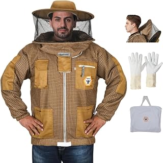 Beekeeping Jacket with Veil – 3-Layer Ultra Ventilated Bee Jacket with Long-Lasting YKK Zippers & Safety Fencing Hood – Full Protection Suit with Carrying Bag Round Veil (Brown, Large) (BP-302)