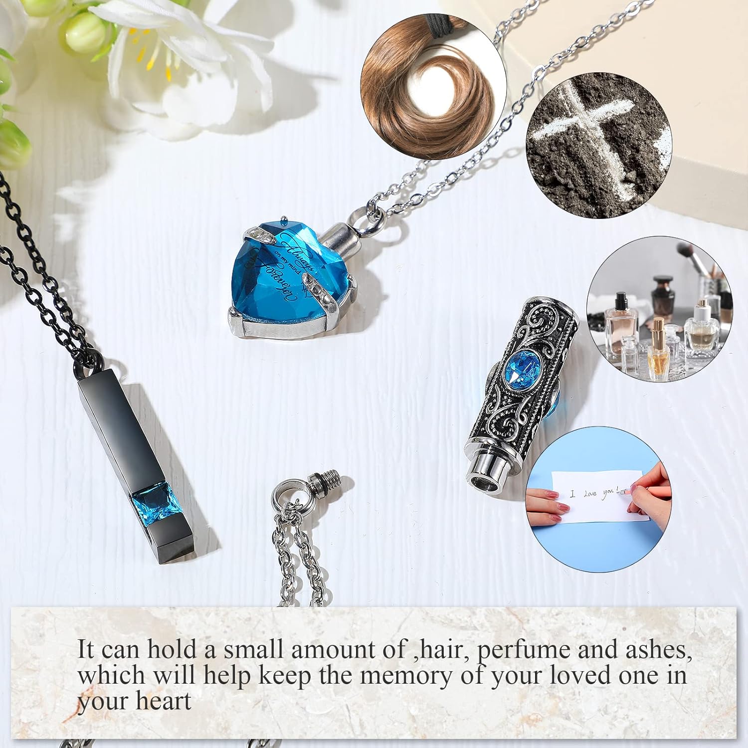 MTLEE 3 Pieces Cremation Urn Necklace for Ashes Vertical Bar Zircon, Heart Crystal Necklace Urn Stainless Steel Waterproof Memorial Pendant - Image 4