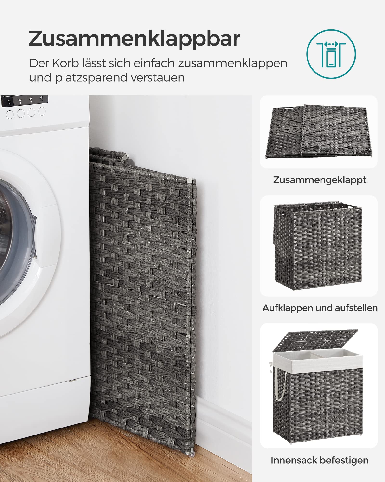 SONGMICS Wäschekorb mit Deckel, 130 Liter, 2 Fächer, handgeflochten | Wäschesammler, 33 x 66 x 60 cm, herausnehmbarer Wäschesack mit Griffen, grau, ELIOTT Kollektion LCB253G01