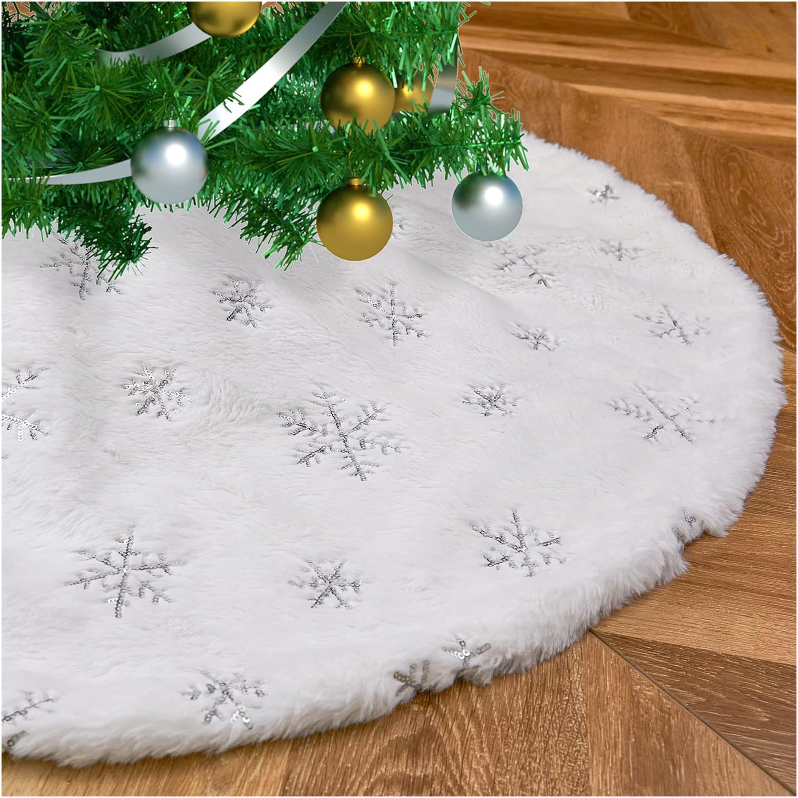 Fanqisi Faux Fur Christmas Tree Skirt 24 Inches Mini White Plush Tree Skirts with Silver Sequin Snowflakes Porch Xmas Tree Ornaments Decorations