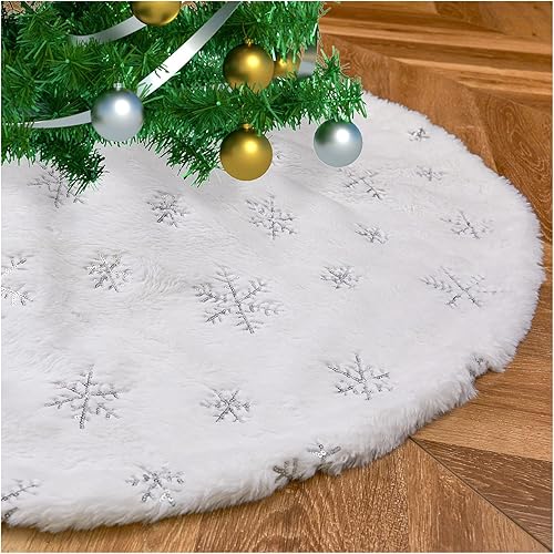 Miniatura 42 de Falda de árbol de Navidad de 36 pulgadas, faldas blancas de piel sintética con copos de nieve de lentejuelas doradas, falda de árbol de felpa suave