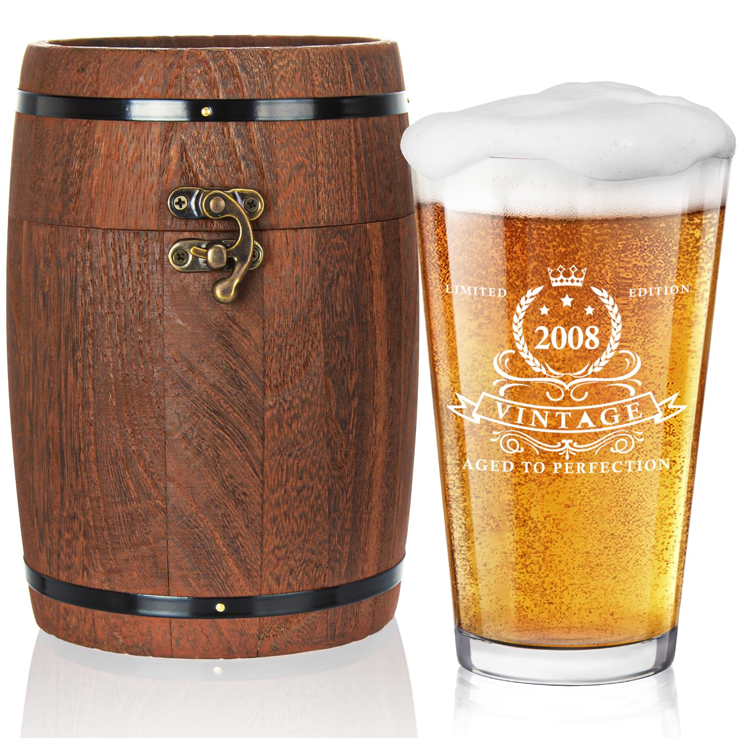 LIGHTEN LIFE 18th Birthday Gifts for Boys 450ML,2008 Beer Glass in Barrel Box,18th Birthday Decorations,18th Birthday Beer Glass Gifts for Son,Boy,Friend