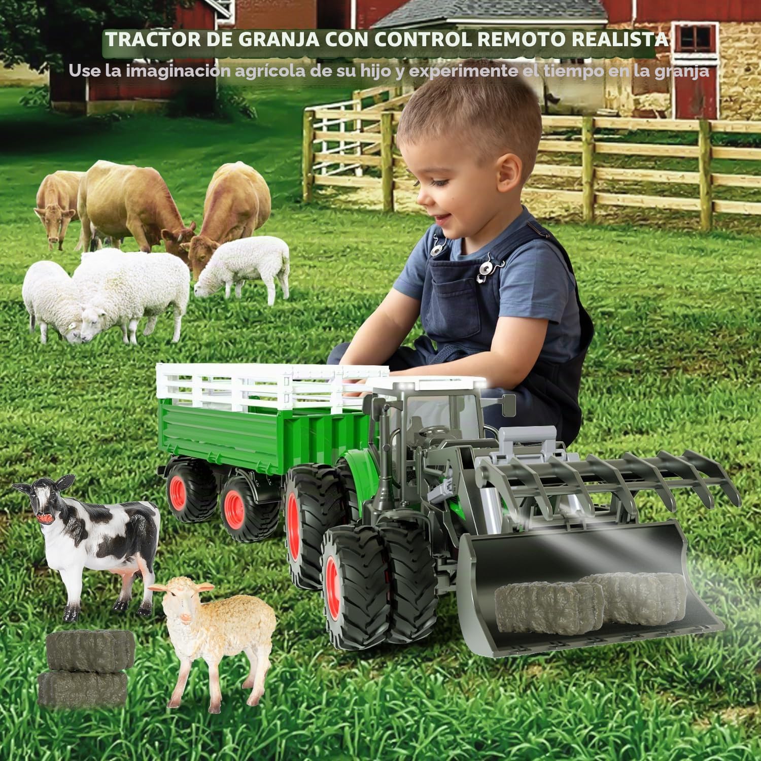 Tractor Juguete a Partir de 3 años, 2.4 GHz Tractor teledirigido teledirigido con Remolque, RC Trecker Juguete con Mando a Distancia, Vaca y Oveja, Regalo 2 3 4 6 años