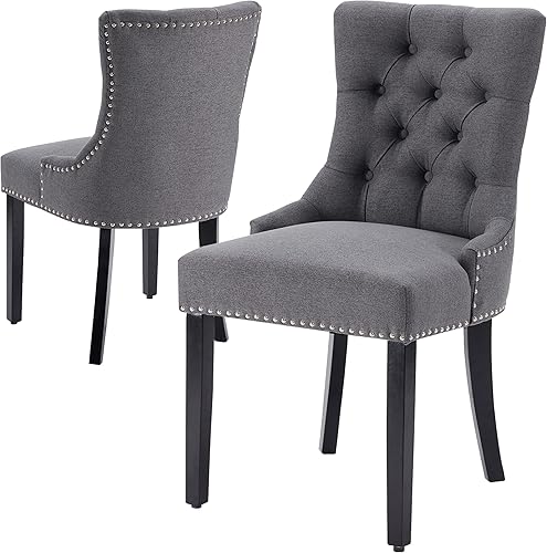 Kingfun Juego de 2 sillas de comedor tapizadas con patas de madera de roble y ribete de clavos sillas de comedor de tela decorativa sillas laterales