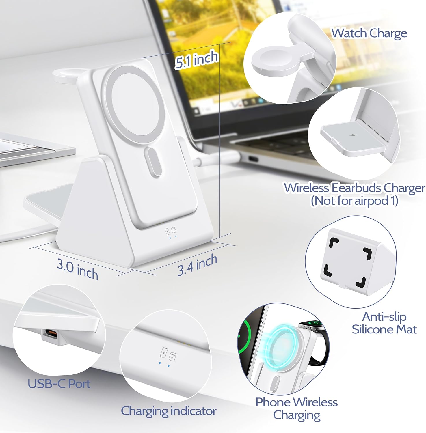 3-in-1 Wireless Charging Station: Portable 10000mAh Power Bank Charger Compatible for Phone Air/17/16/15/14/13/12 Series and Watch - Detachable Magnetic Charging Stand White