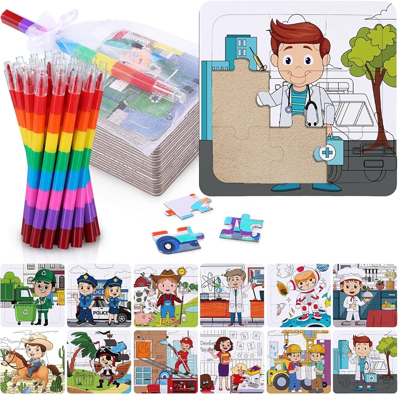 Fullhawl 24 Career Puzzles 4 x 4 Inch Color Your Own Puzzles Occupation Theme DIY Jigsaw Crafts with Stackable Crayons and Bags for Learning Education Toys Gifts Prizes Birthday Party Supplies