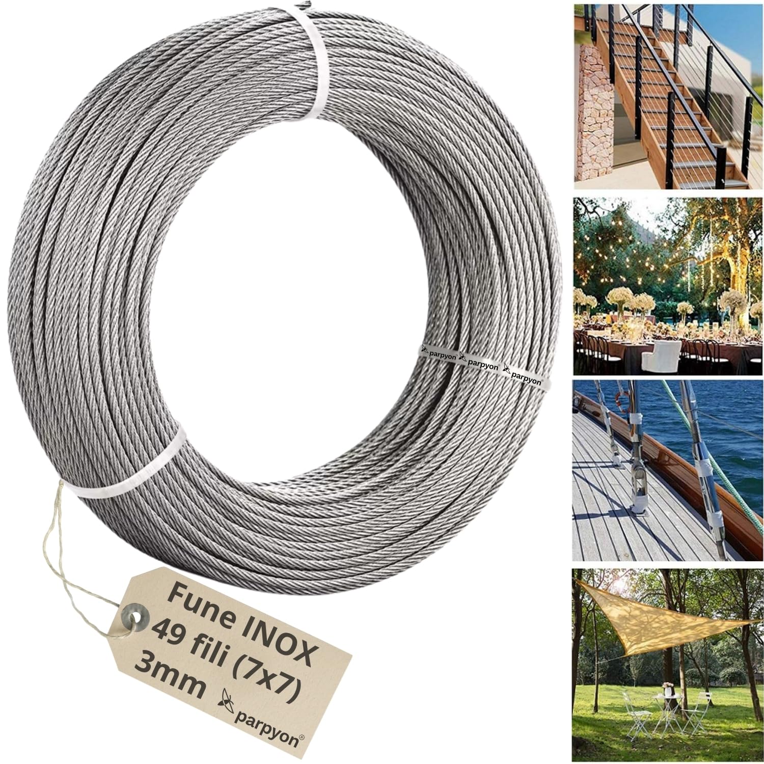 Parpyon Fune Acciaio INOX Per Esterno A 49 Fili cavo acciaio AISI 316 Antiruggine filo metallico per sospensioni, luci, recinzione lavori di fai da te giardino (25, 3 mm)