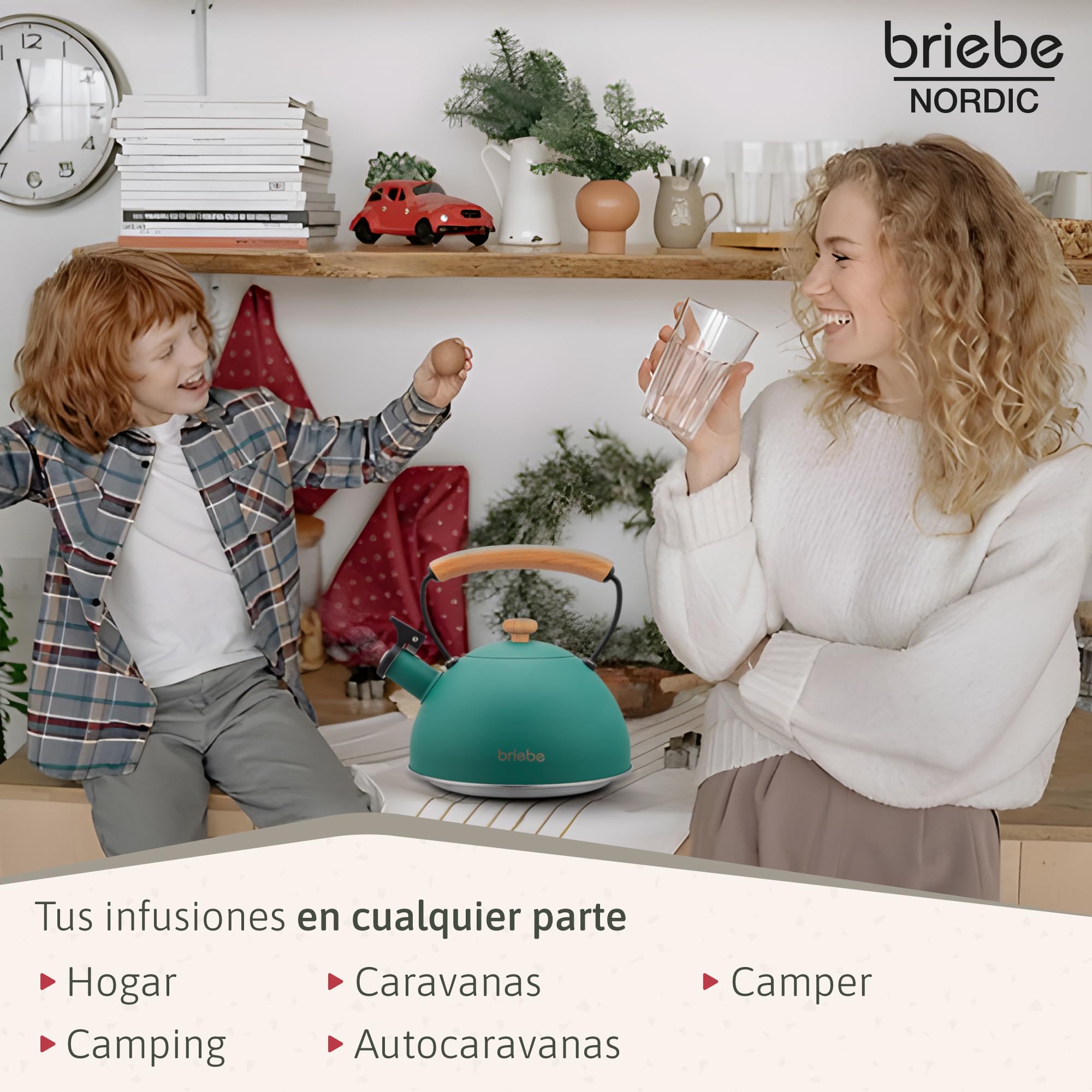 briebe Nordic Set Tostadora Pan Ranura Ancha 2 Rebanadas, 6 Niveles Tostado + Tetera Silbante 2,3 L Infusiones, Acero Inoxidable, Inducción, Libre BPA, Pack Desayuno Diseño Nórdico Verde