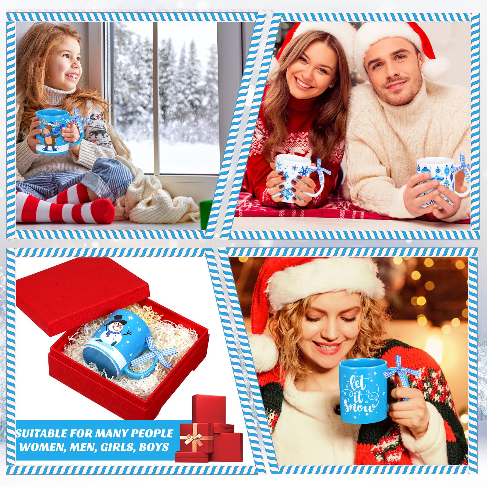 Uiifan Juego de 6 tazas de café de Navidad de 13 onzas, regalos de Navidad con temática azul, divertidos diseños de Papá Noel, tazas de café de cerámica para mujeres, hombres, niñas, hogar, escuela