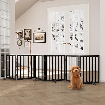 Semiocthome Wood Dog Gates for The House Extra Wide, 6-Panel Freestanding Pet Gates with 4PCS Metal Stands for Doorways and Stairs, 60cm H Foldable Dog Fences Indoor, Expands Up to 280cm W- Black