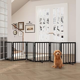 Wood Dog Gates for The House Extra Wide, 6-Panel Freestanding Pet Gates with 4PCS Metal Stands for Doorways and Stairs, 60cm (H) Foldable Dog Fences Indoor, Expands Up to 280cm (W)- Black