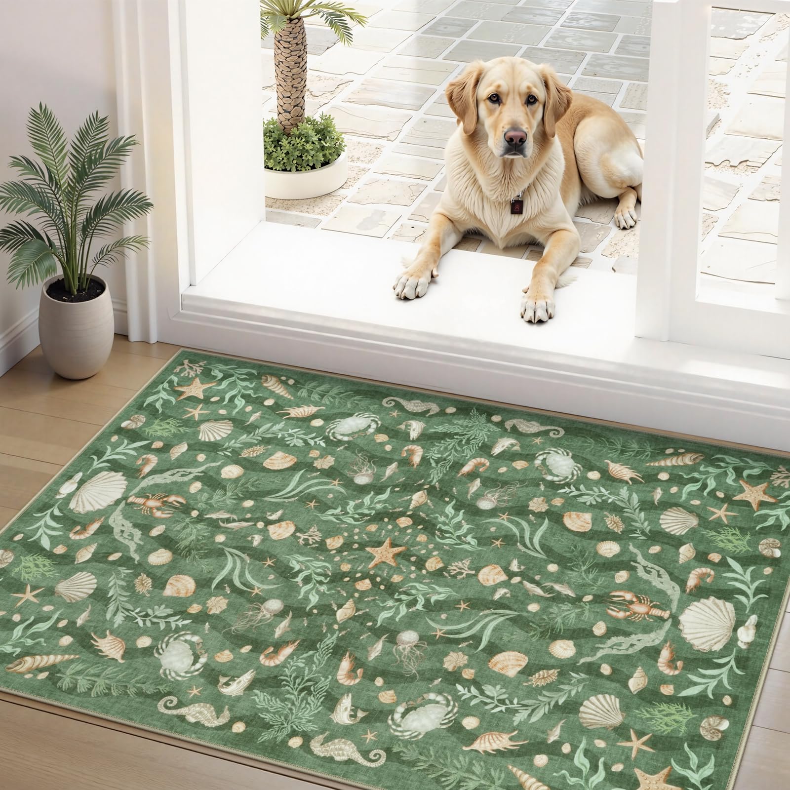 LIVEBOX Vintage Coastal 2x3 Washable Kitchen Rugs for Entryway Clearance Green Non-Slip Entrance Rugs Small Low Pile Farmhouse