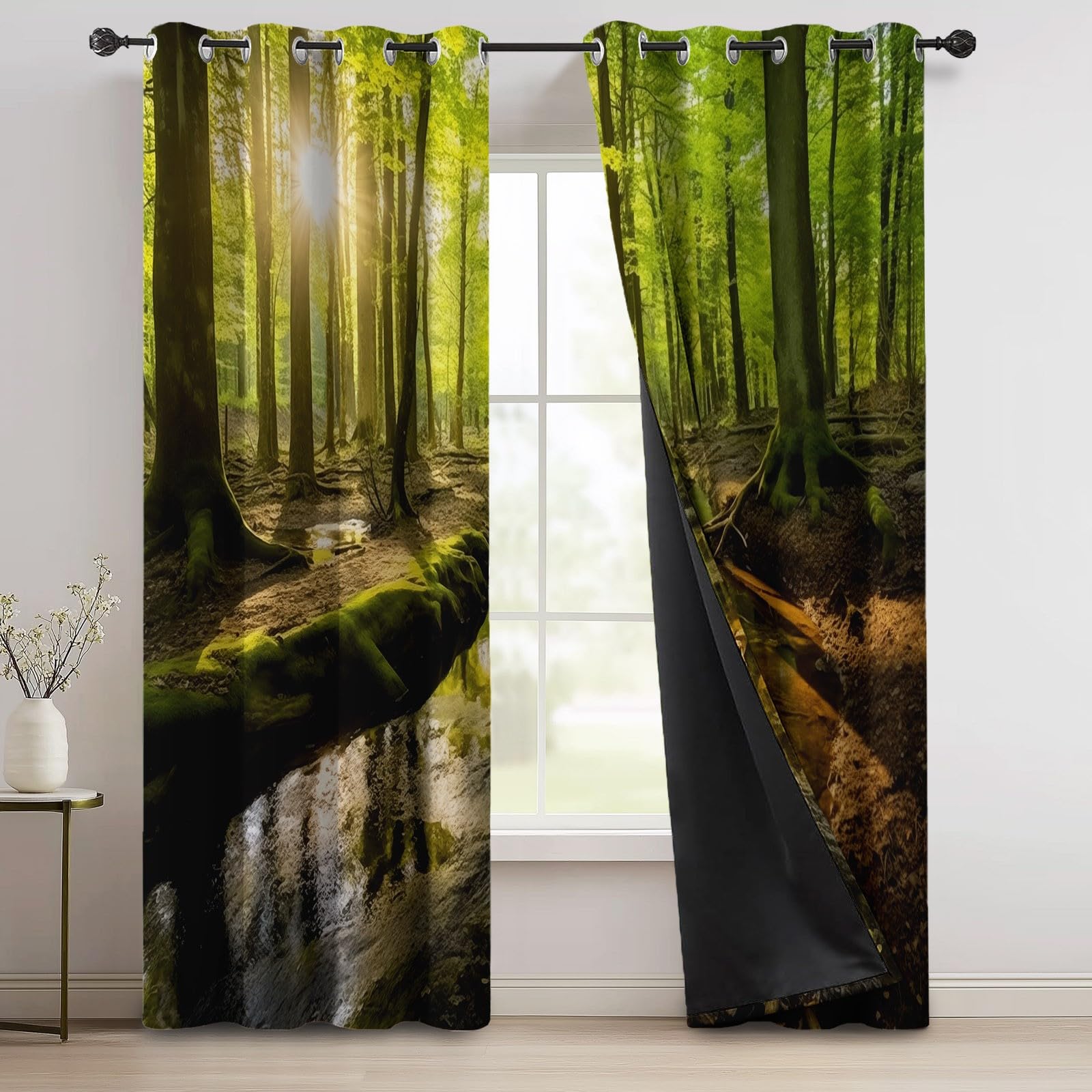 Krajobraz wiejski las strumień zasłony zaciemniające 168 x 229 cm (2 panele), przelotki, izolacja termiczna, zasłony okienne, zielone – blokowanie światła, zasłony redukujące hałas do salonu i