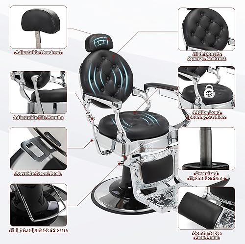 Miniatura 5 de JAXPETY Silla de barbero vintage, silla reclinable hidráulica resistente, equipo de peinado para spa de belleza, reposacabezas de altura ajustable,