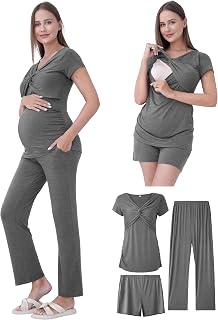 Maternity Nursing Pajamas Set 3PCS, Breastfeeding Tops, Adjustable Shorts & Pants, Postpartum Hospital Bag Essentials