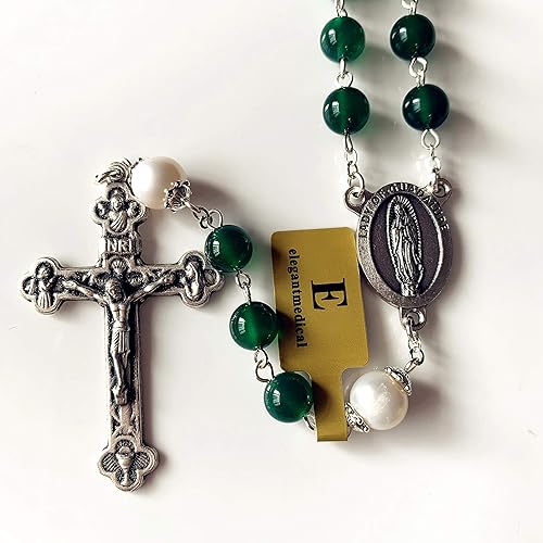 Miniatura 4 de elegantmedical Cuentas de ágata verde hechas a mano y perla real católica guadalupe rosario collar cruz, Perla