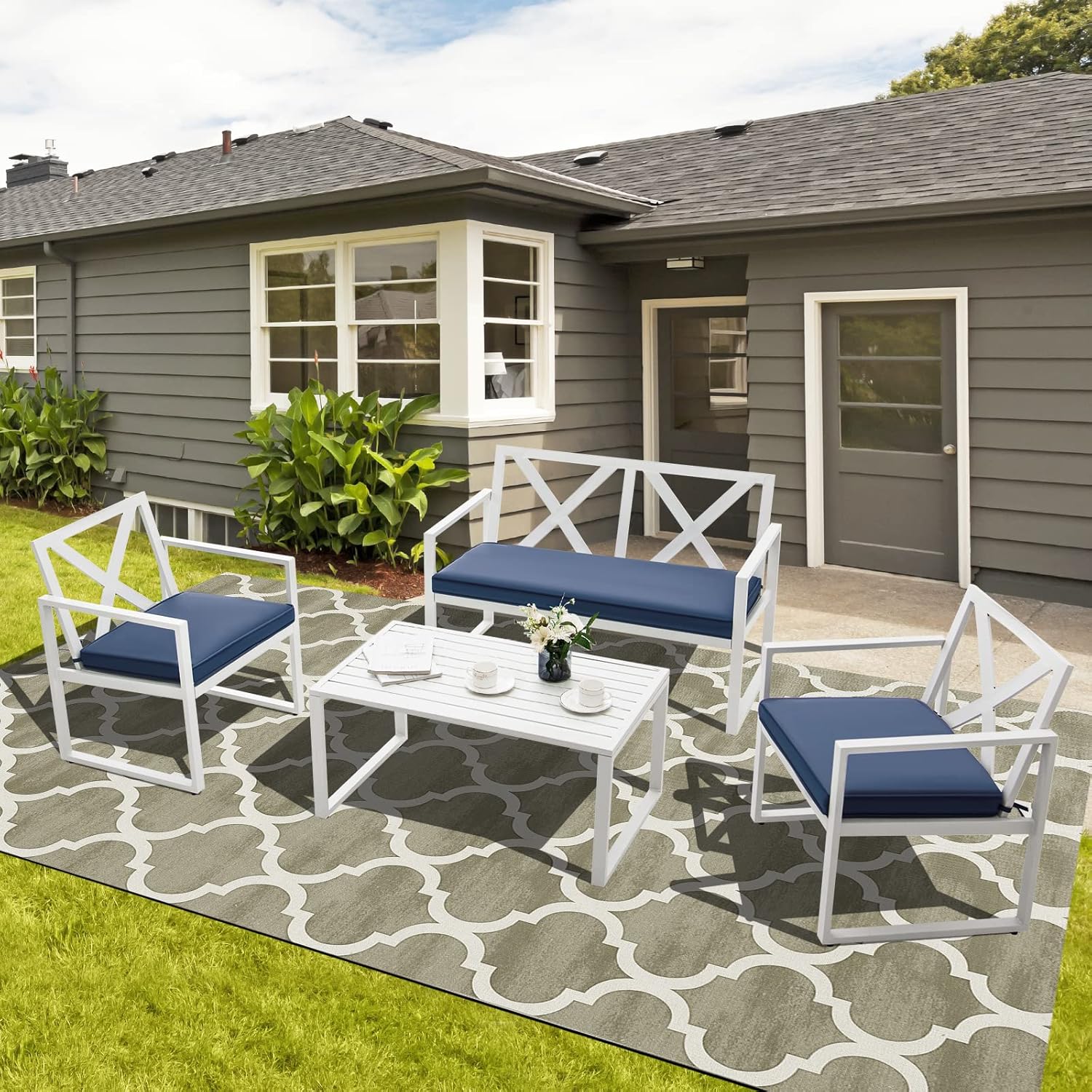 Tangkula 4 Pieces Outdoor Conversation Set, Patiojoy Heavy Duty Steel Frame Patio Chairs with Coffee Table Set, Soft Seat Cushions, for Garden, Backyard, Poolside, Balcony and Deck (Navy)