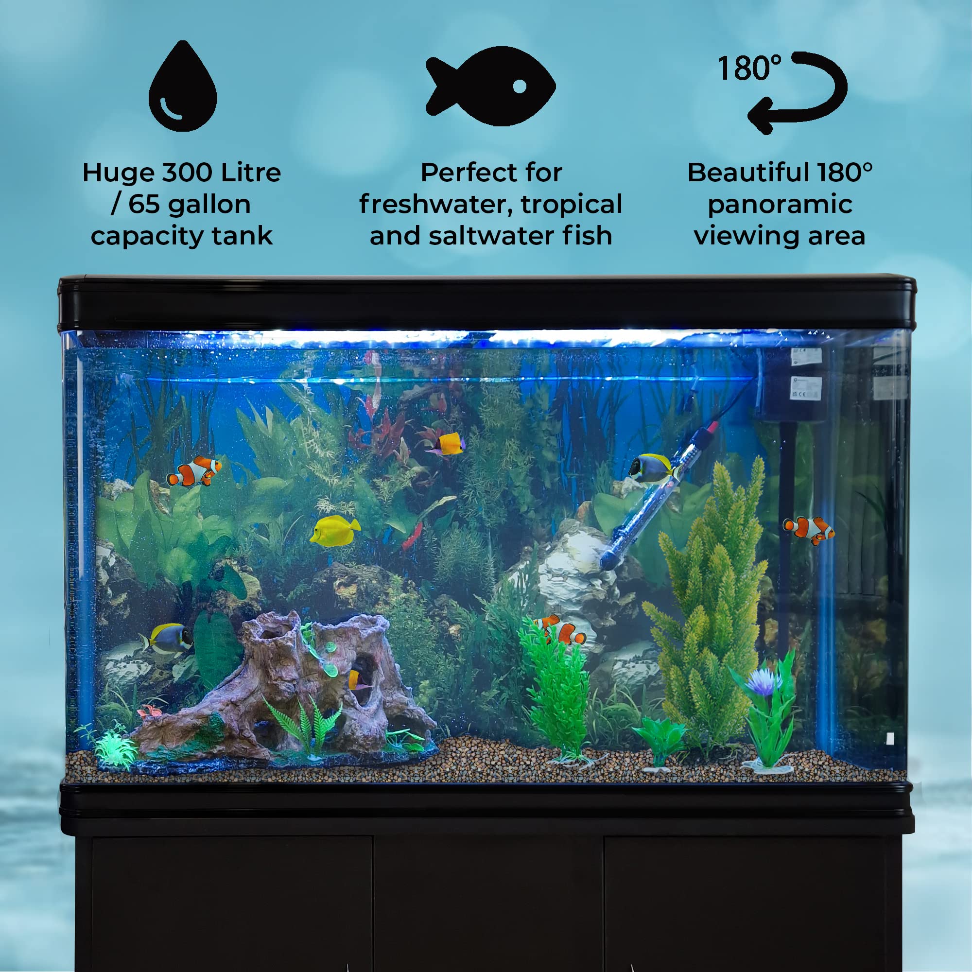 MonsterShop - Akwarium 300 litrów z czarną meblą i zestawem z roślinami i naturalnym żwirem 143cm x 120cm x 39cm