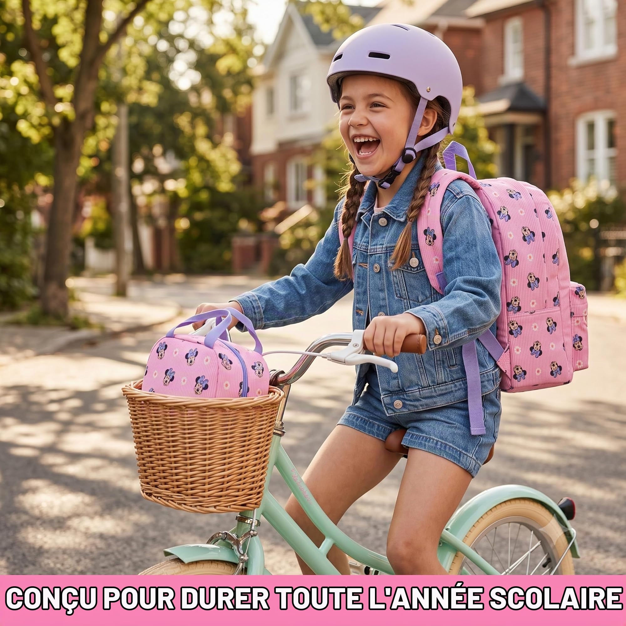 Get Trend Minnie Mouse Sac a Dos Fille Set, 4 Pcs Cartable, Sac Isotherme Repas, Trousse Scolaire et Porte Badge Tour de Cou Courroie (Rose/Multi Minnie Mouse)