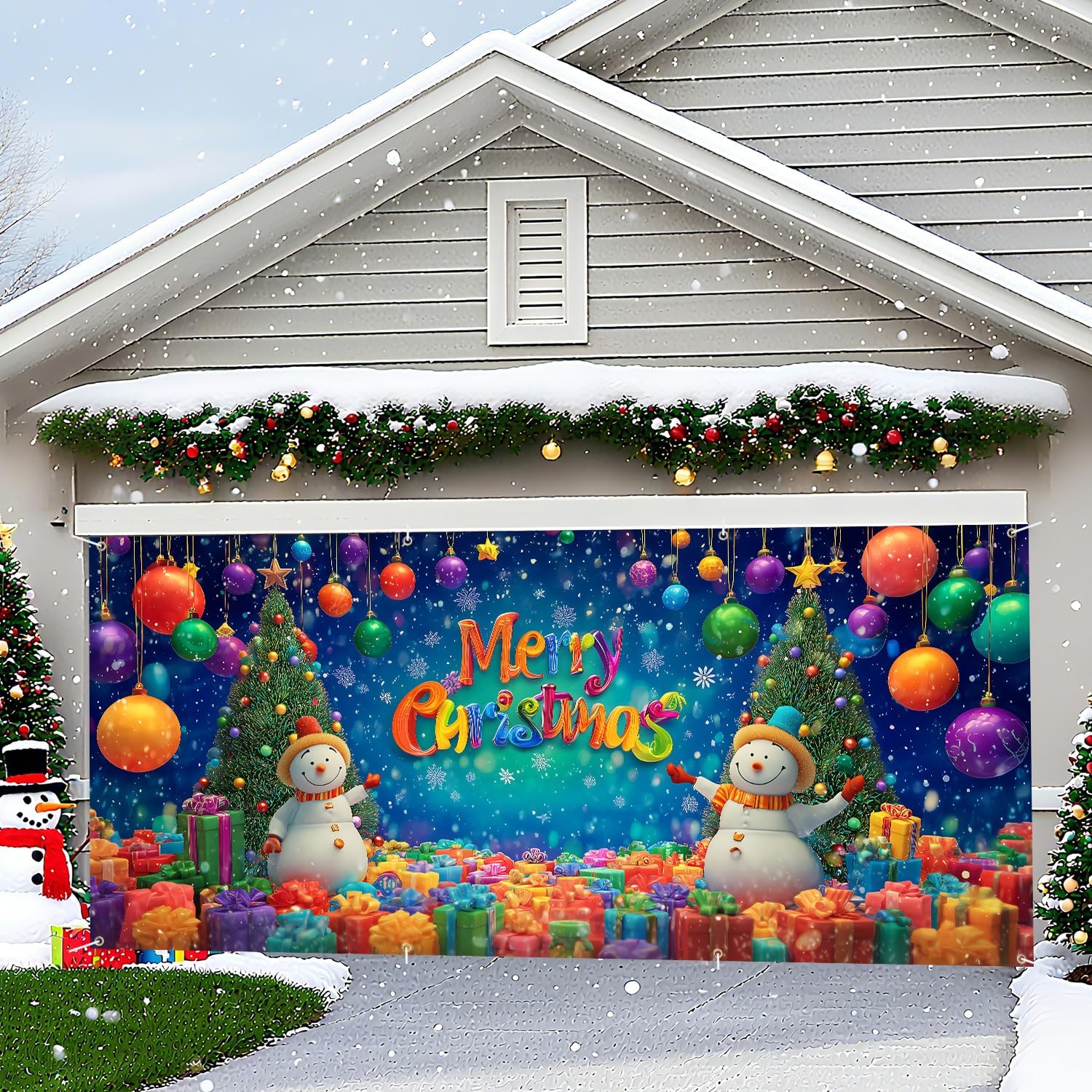 Merry Christmas Garage Door Banner – 6x13FT Large Outdoor Decoration with Snowmen, Christmas Trees, Ornaments & Gifts – Waterproof Holiday Backdrop Cover for Porch, Garage, Yard
