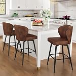 LUE BONA 26 Inch Swivel Bar Stools Set of 3, Counter Height Bar Stools with Back, Upholstered Counter Stools, Faux Leather with Stitching, Metal Legs, Easy Assembly, Light Beige Gray