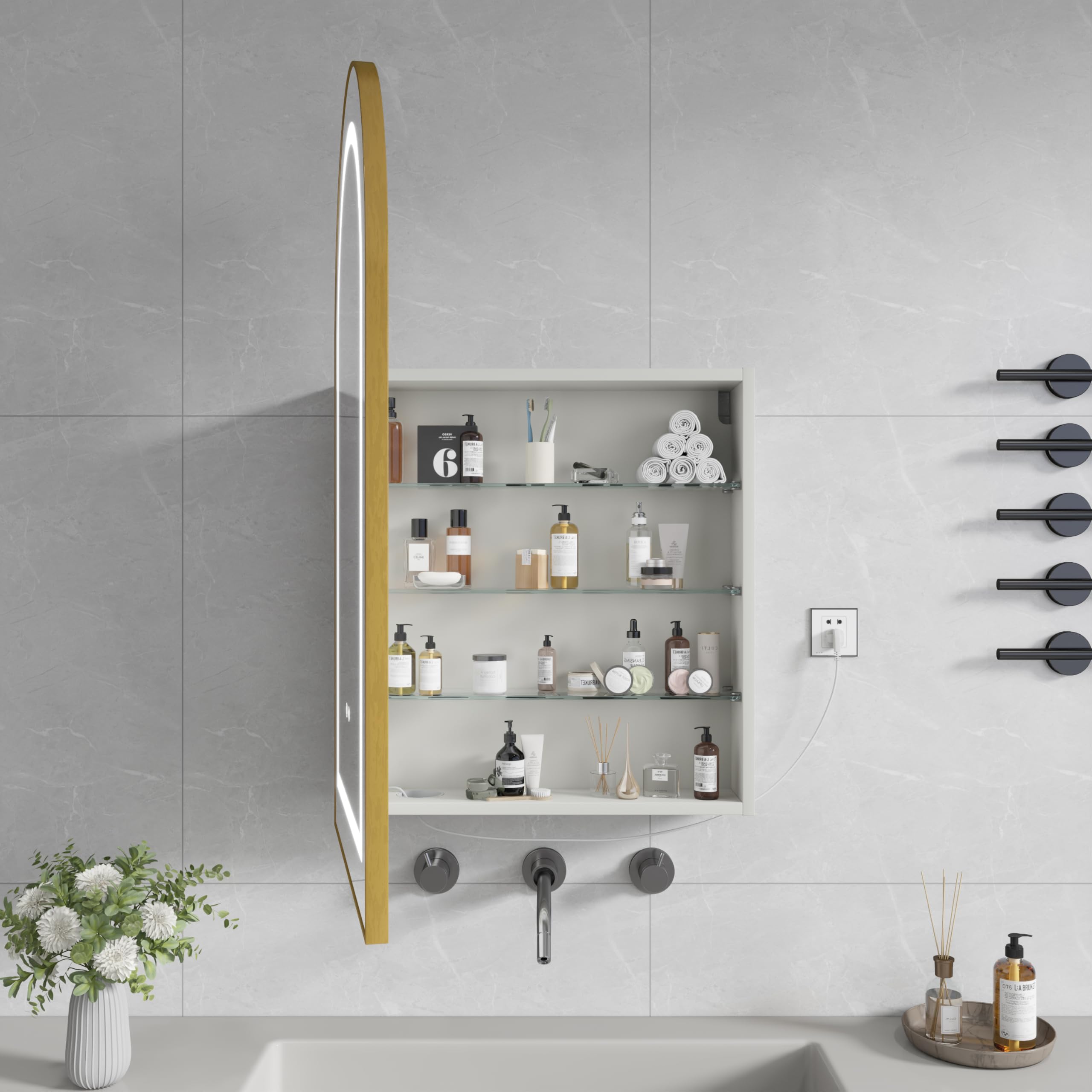 Specchio Bagno Contenitore con 3 Colori Luce e 1 AC/2 USB, Armadio Specchio Bagno con Deumidificazione con 1 Tocco e Funzione di Memoria(Oro Bianco)