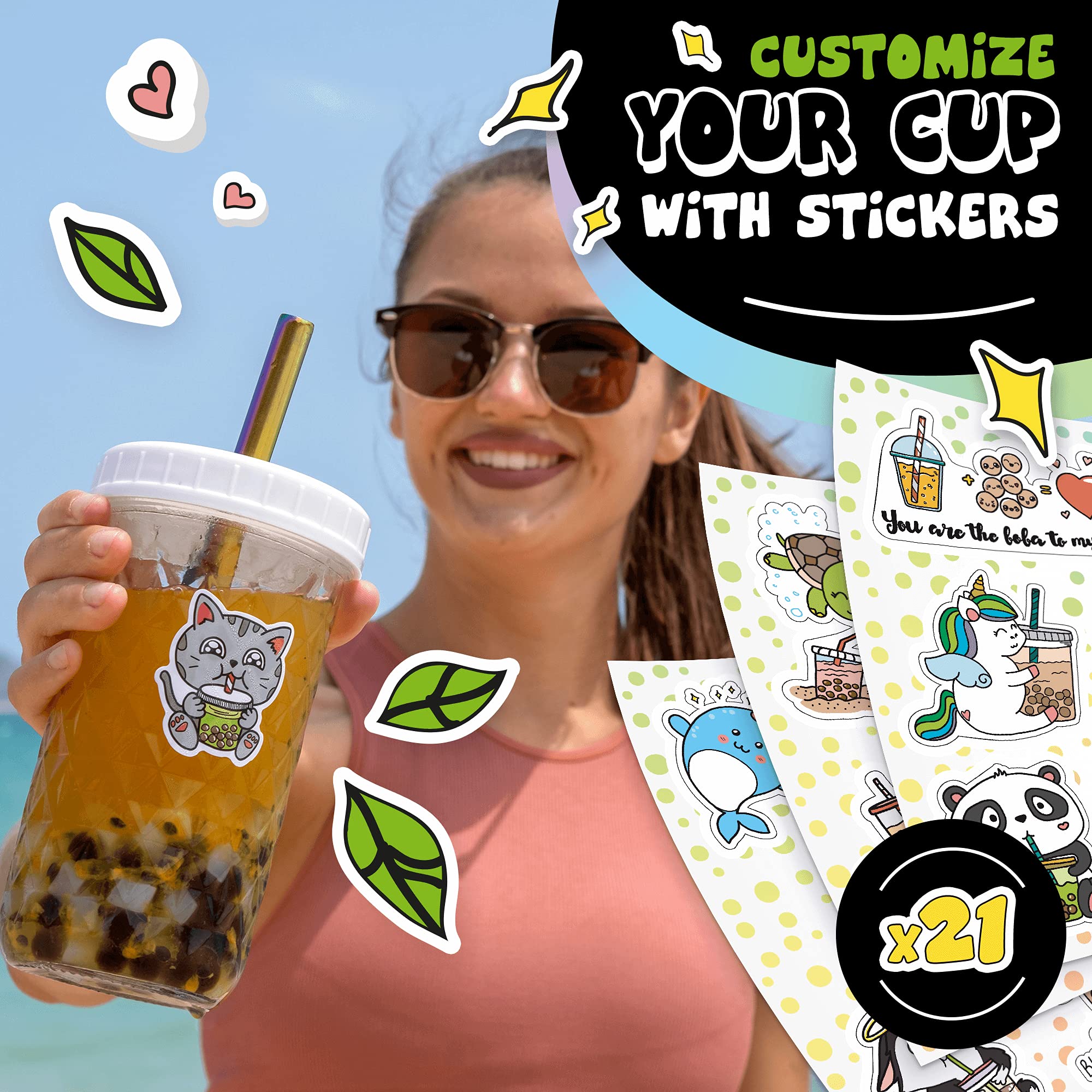 2Pack Reusable Bubble Tea Cup Set 21oz DiamondPattern Glass Boba Tea Cups with Lids & Straws